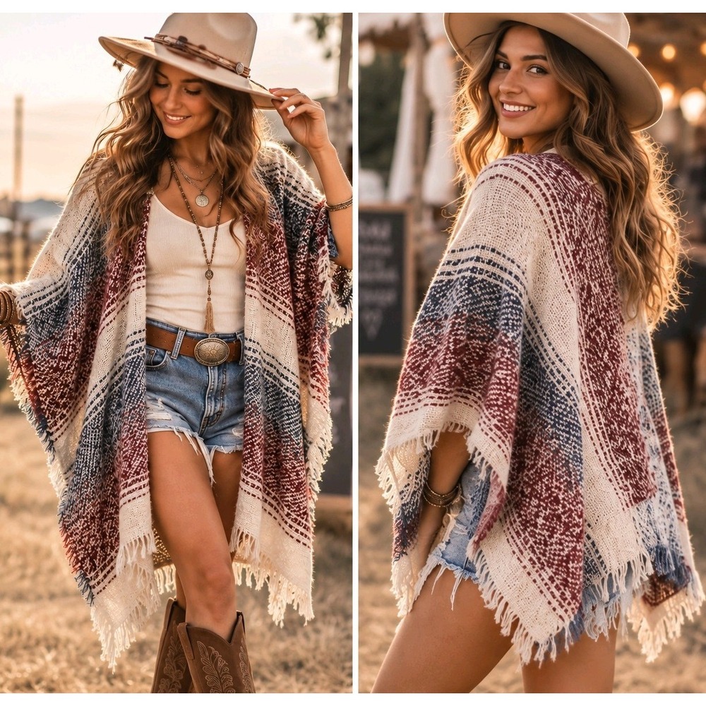 Plaid Blanket Wrap Ruana Poncho Fringe Western Boho Coastal Cowgirl Festival
